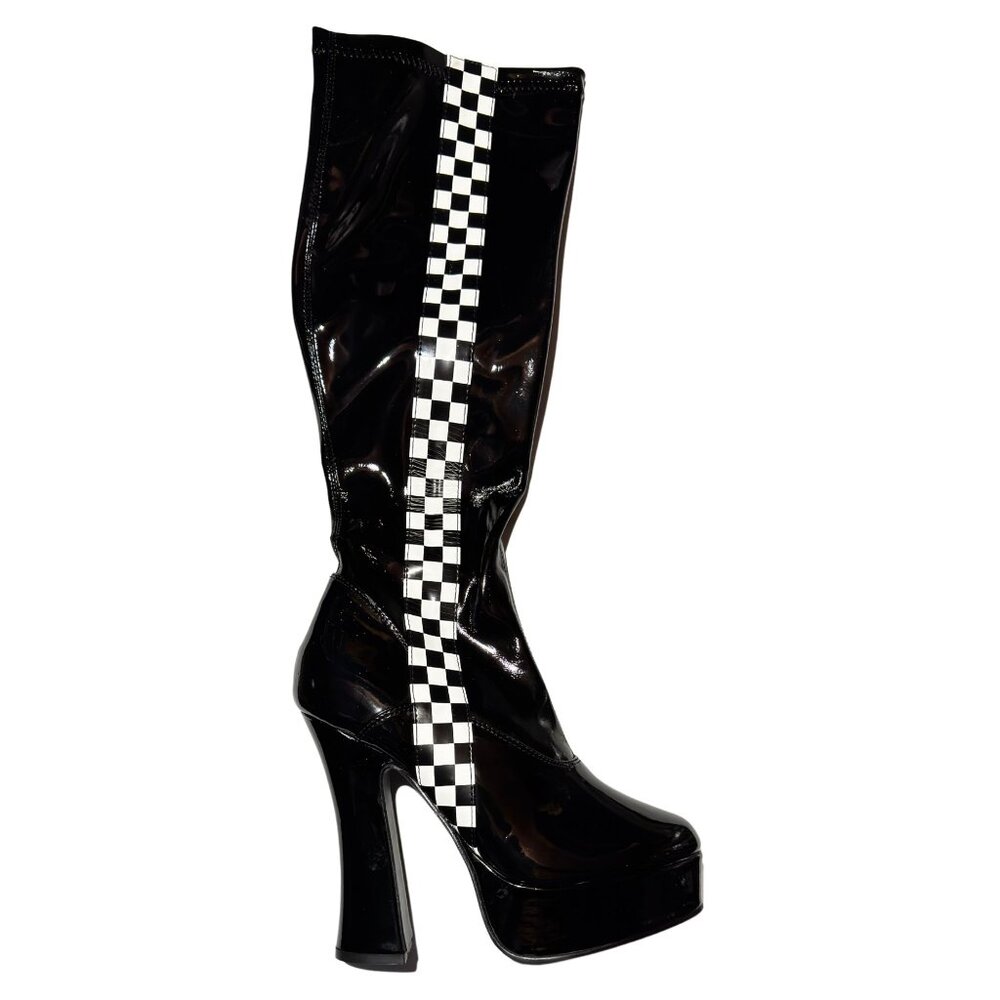 Pleaser Funtasma Black Patent Knee-High Boots Checkered Stripe 5" Heel (6) NIB